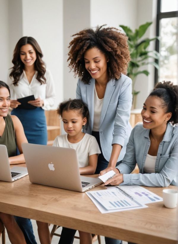 a group of people working on a big table on their laptops, headphones, water bottles