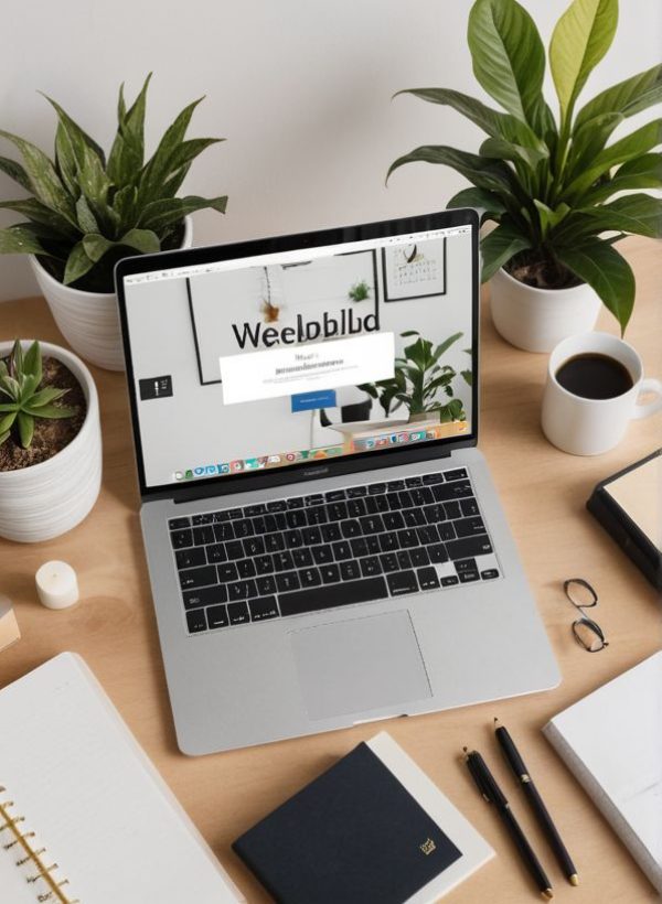 a green working space with laptop, notes, plants, computer